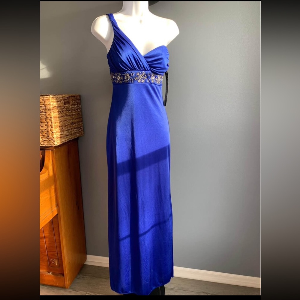 Masquerade Size 1/2 Blue one shoulder formal dress beaded - NEW